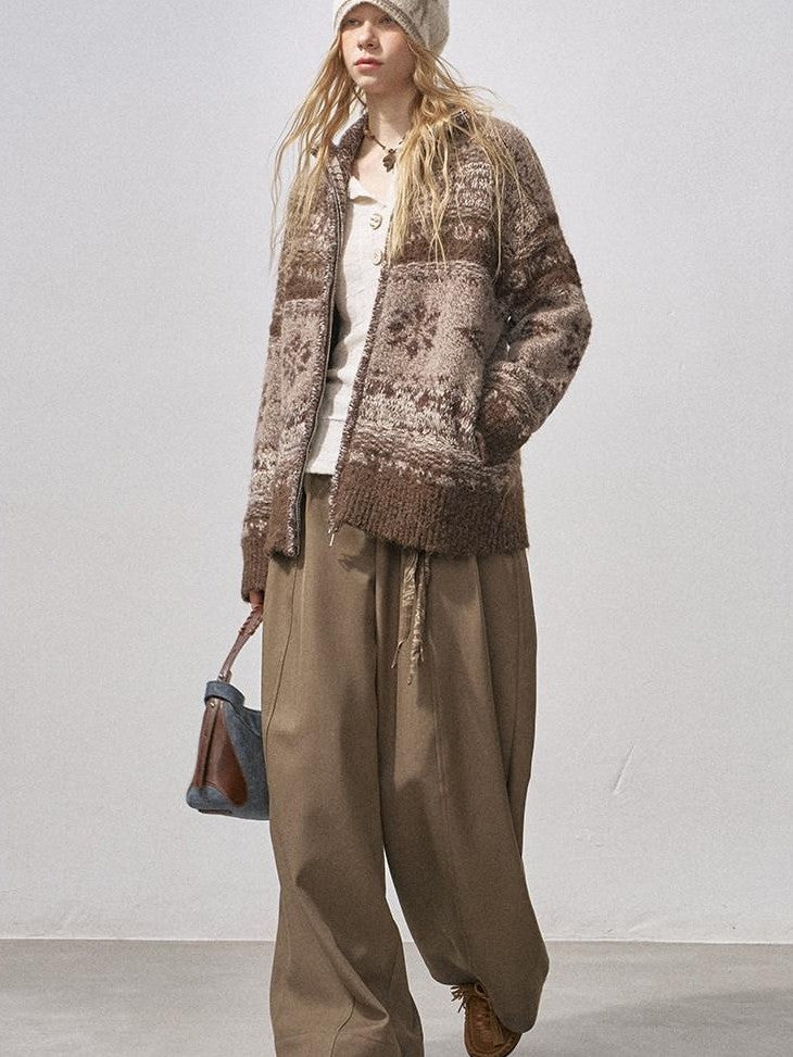 DIDDI MODA Ombre Fair Isle Floral Dyed Oversized Zip Crewneck Women&