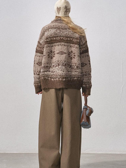 DIDDI MODA Ombre Fair Isle Floral Dyed Oversized Zip Crewneck Women&