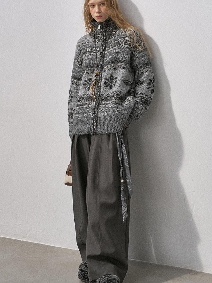 DIDDI MODA Ombre Fair Isle Floral Dyed Oversized Zip Crewneck Women&