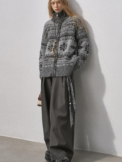 DIDDI MODA Ombre Fair Isle Floral Dyed Oversized Zip Crewneck Women&