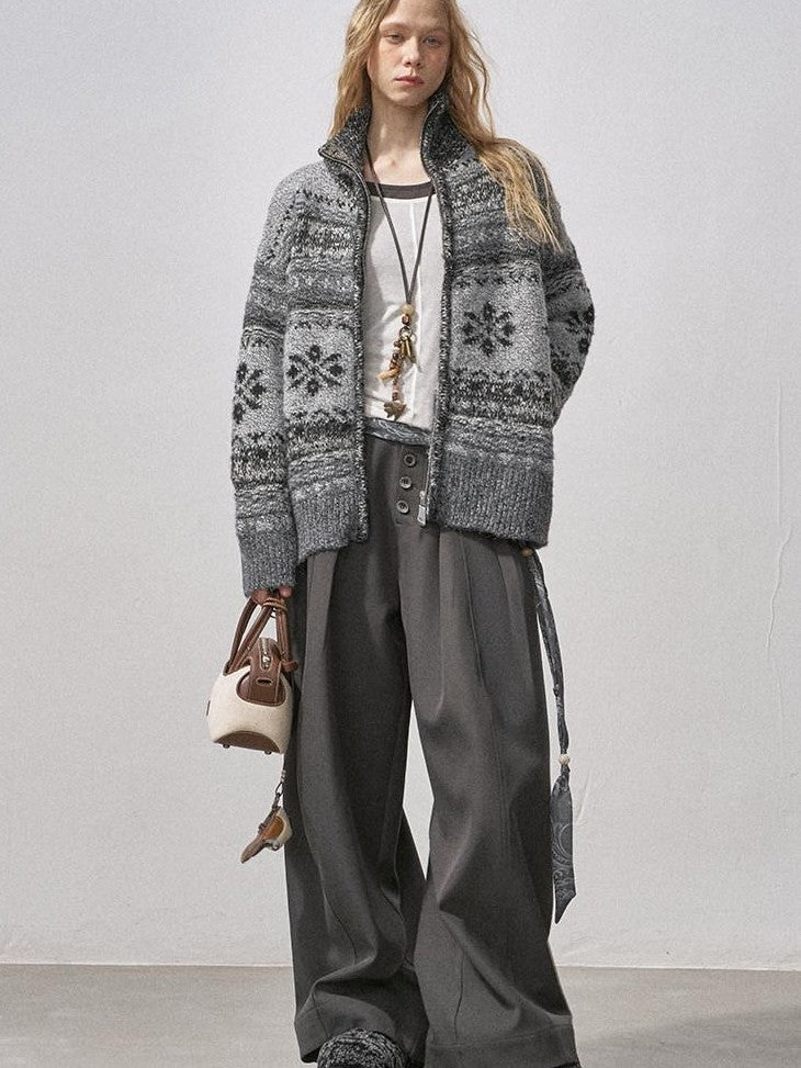 DIDDI MODA Ombre Fair Isle Floral Dyed Oversized Zip Crewneck Women&