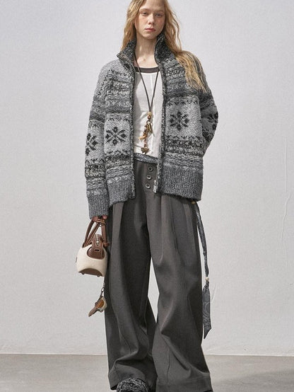 DIDDI MODA Ombre Fair Isle Floral Dyed Oversized Zip Crewneck Women&