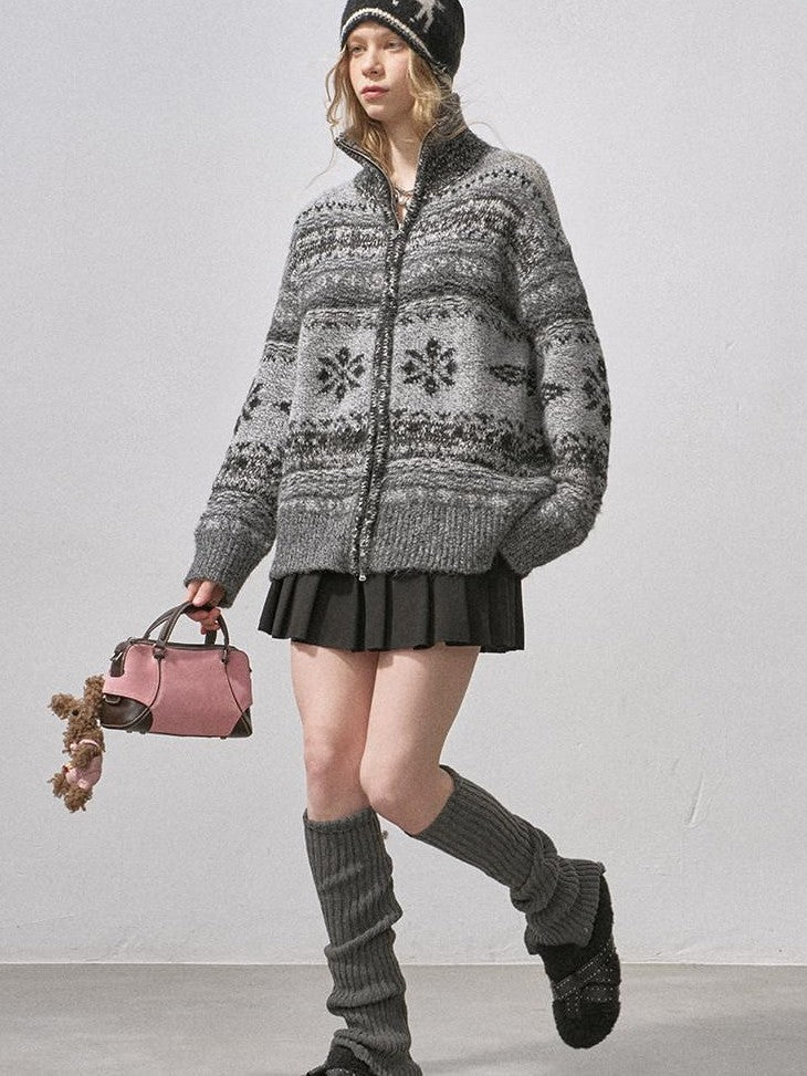 DIDDI MODA Ombre Fair Isle Floral Dyed Oversized Zip Crewneck Women&