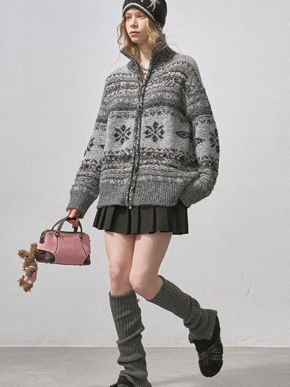DIDDI MODA Ombre Fair Isle Floral Dyed Oversized Zip Crewneck Women&