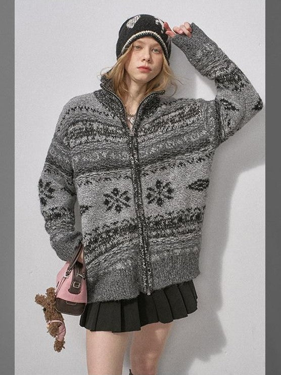 DIDDI MODA Ombre Fair Isle Floral Dyed Oversized Zip Crewneck Women&