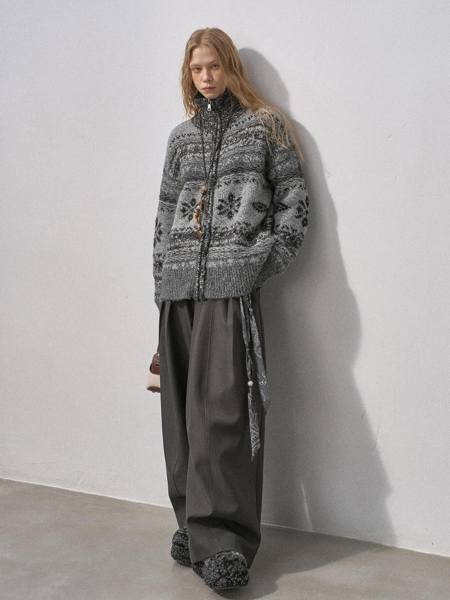 DIDDI MODA Ombre Fair Isle Floral Dyed Oversized Zip Crewneck Women&