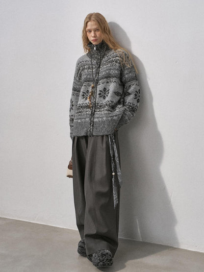 DIDDI MODA Ombre Fair Isle Floral Dyed Oversized Zip Crewneck Women&