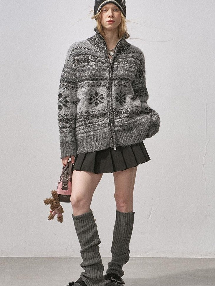 DIDDI MODA Ombre Fair Isle Floral Dyed Oversized Zip Crewneck Women&