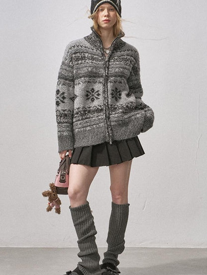 DIDDI MODA Ombre Fair Isle Floral Dyed Oversized Zip Crewneck Women&