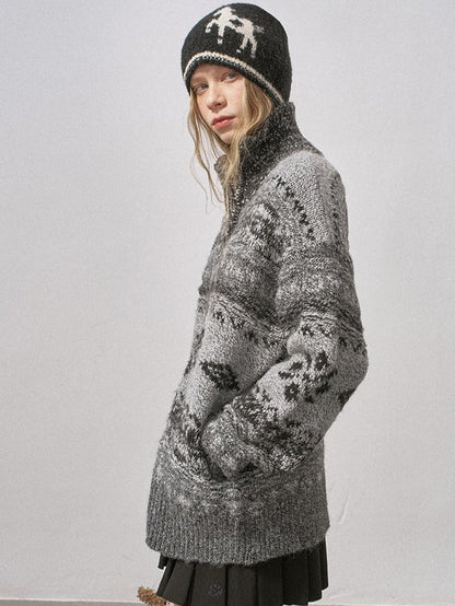 DIDDI MODA Ombre Fair Isle Floral Dyed Oversized Zip Crewneck Women&