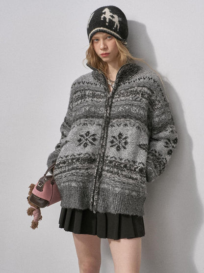 DIDDI MODA Ombre Fair Isle Floral Dyed Oversized Zip Crewneck Women&