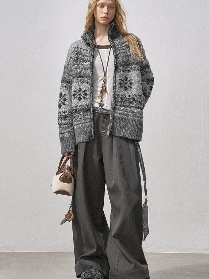 DIDDI MODA Ombre Fair Isle Floral Dyed Oversized Zip Crewneck Women&