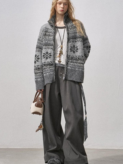 DIDDI MODA Ombre Fair Isle Floral Dyed Oversized Zip Crewneck Women&