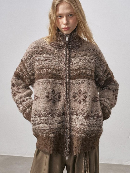 DIDDI MODA Ombre Fair Isle Floral Dyed Oversized Zip Crewneck Women&