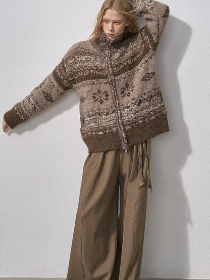 DIDDI MODA Ombre Fair Isle Floral Dyed Oversized Zip Crewneck Women&