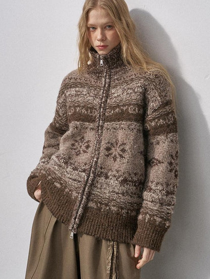 DIDDI MODA Ombre Fair Isle Floral Dyed Oversized Zip Crewneck Women&
