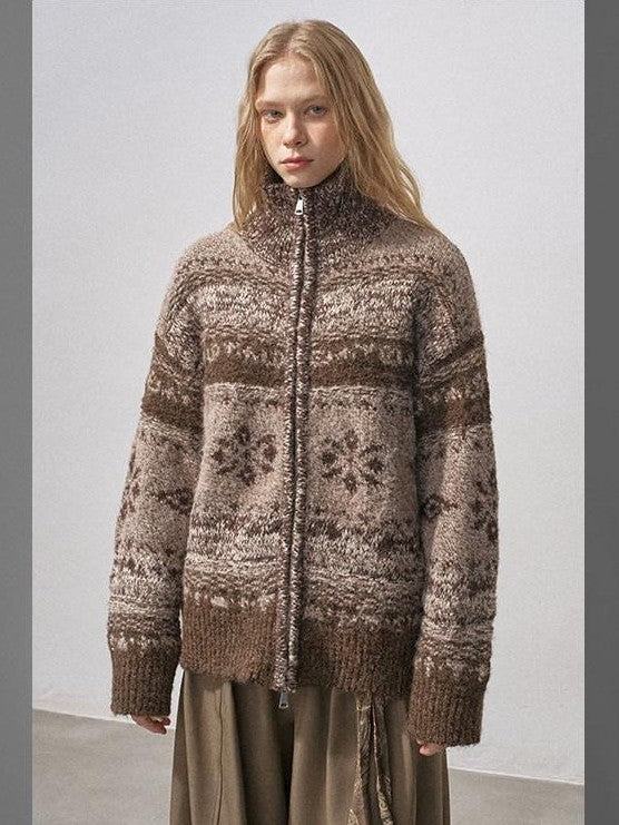 DIDDI MODA Ombre Fair Isle Floral Dyed Oversized Zip Crewneck Women&