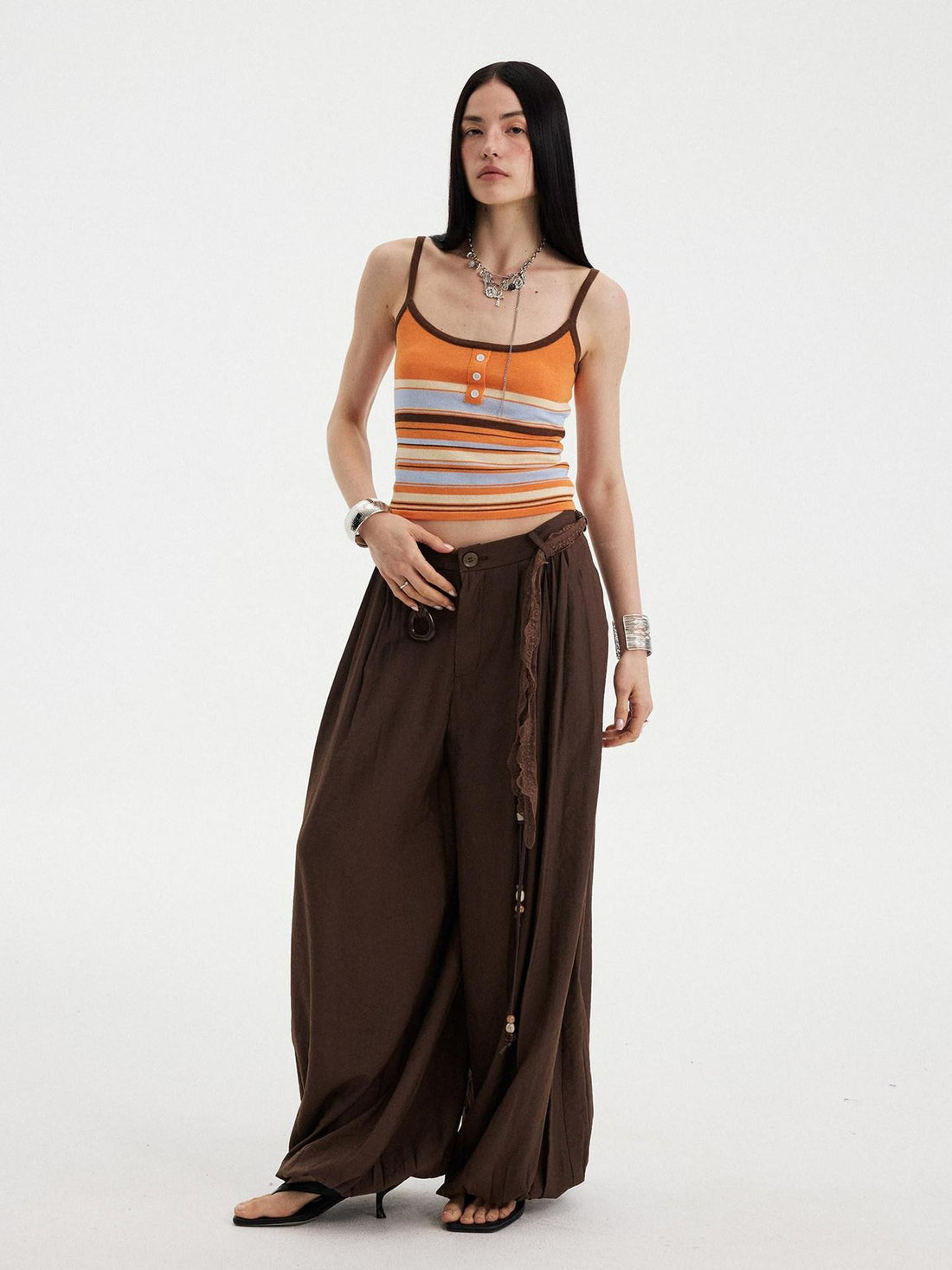 DIDDI MODA Orange Brown Striped Knit U Neck Cropped Tape Trim Women&