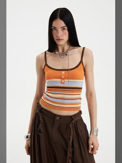 DIDDI MODA Orange Brown Striped Knit U Neck Cropped Tape Trim Women&