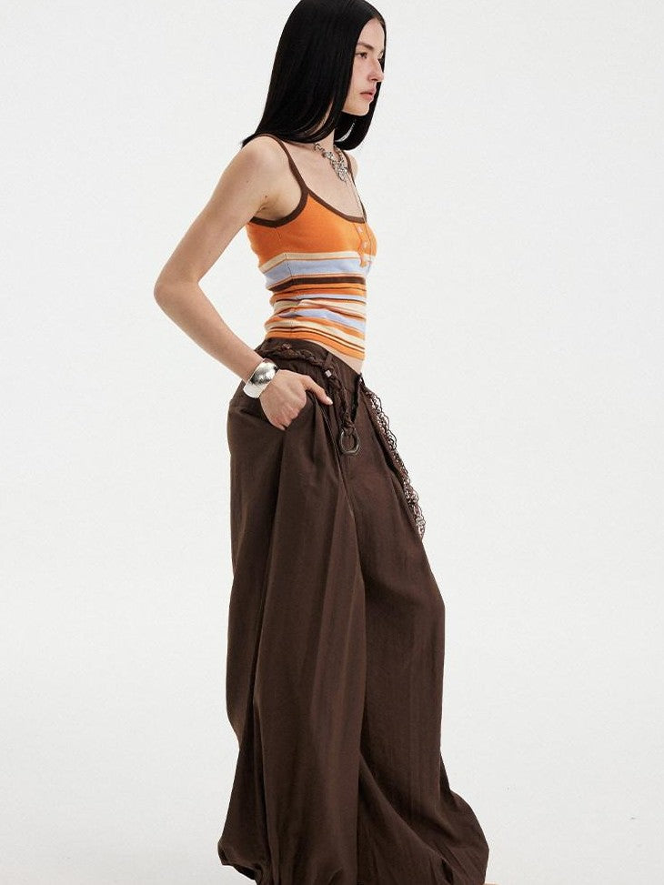DIDDI MODA Orange Brown Striped Knit U Neck Cropped Tape Trim Women&