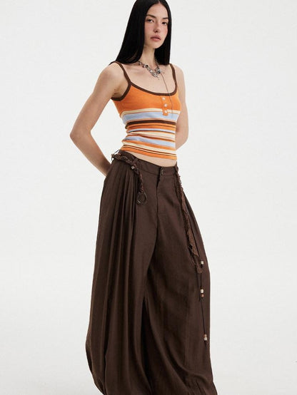 DIDDI MODA Orange Brown Striped Knit U Neck Cropped Tape Trim Women&