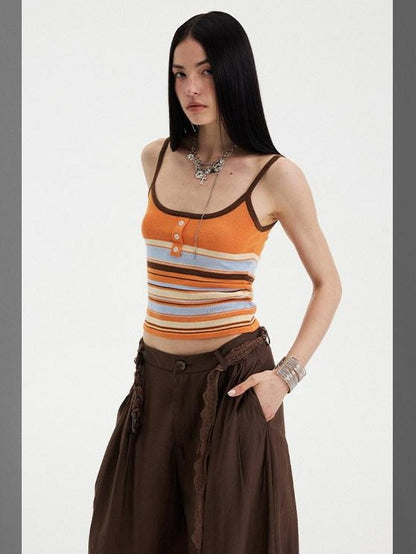 DIDDI MODA Orange Brown Striped Knit U Neck Cropped Tape Trim Women&