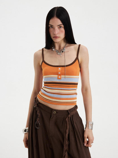 DIDDI MODA Orange Brown Striped Knit U Neck Cropped Tape Trim Women&