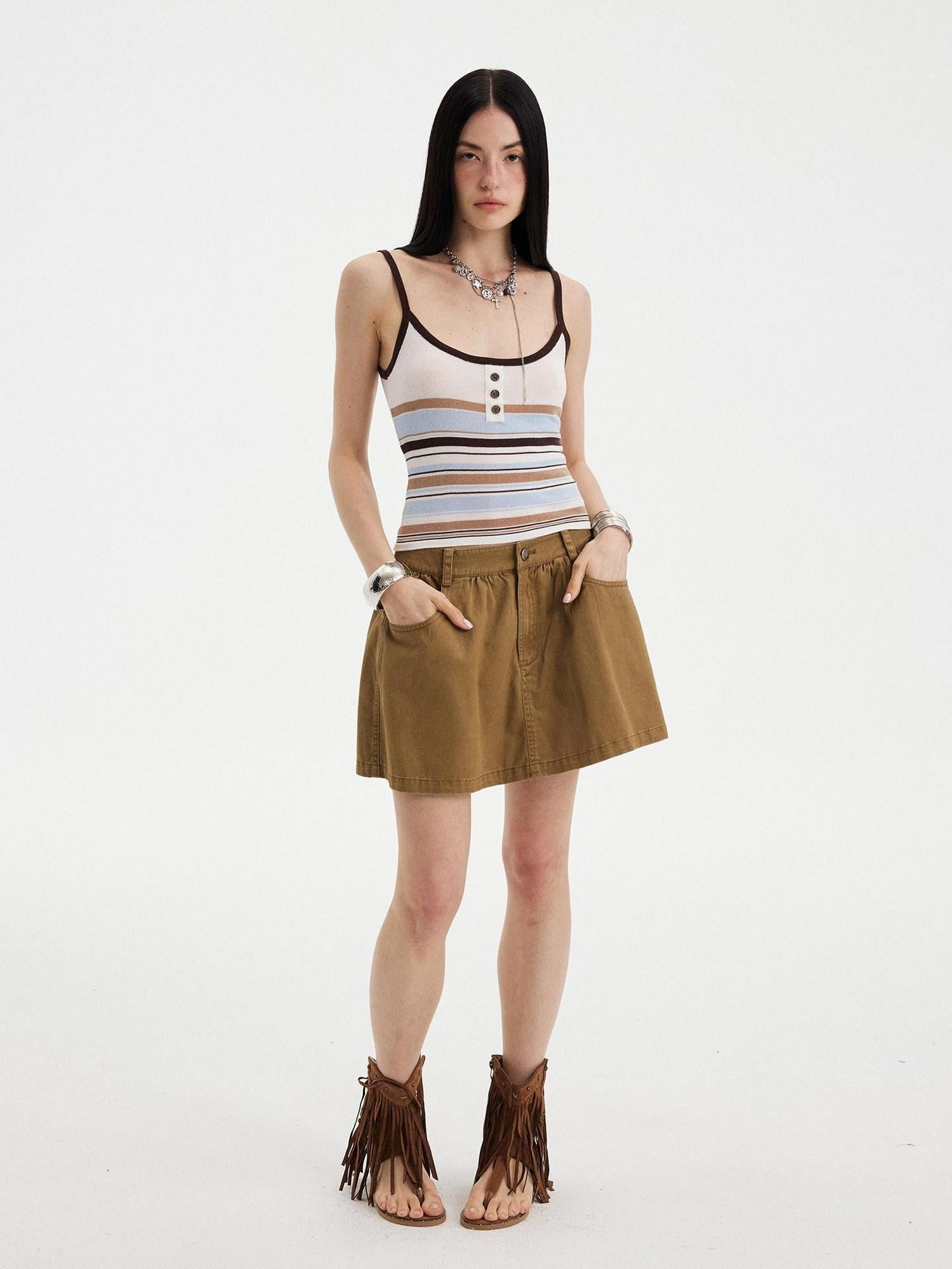 DIDDI MODA Orange Brown Striped Knit U Neck Cropped Tape Trim Women&