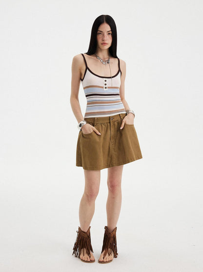 DIDDI MODA Orange Brown Striped Knit U Neck Cropped Tape Trim Women&