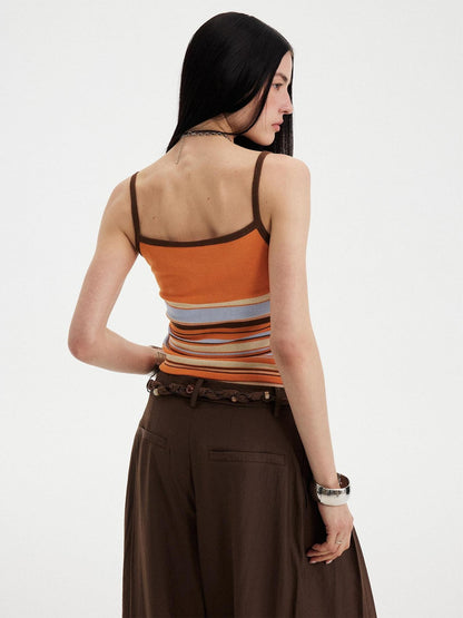 DIDDI MODA Orange Brown Striped Knit U Neck Cropped Tape Trim Women&