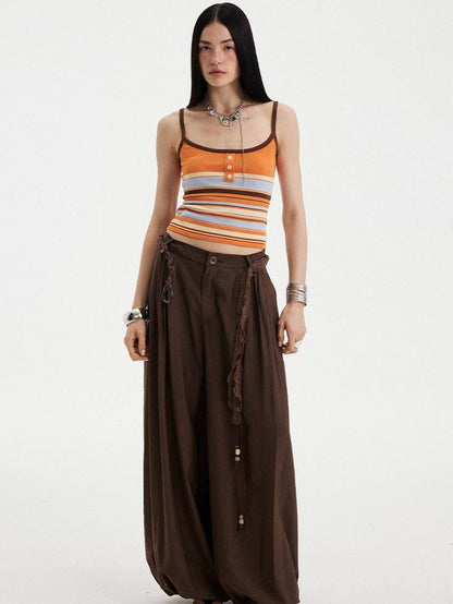 DIDDI MODA Orange Brown Striped Knit U Neck Cropped Tape Trim Women&
