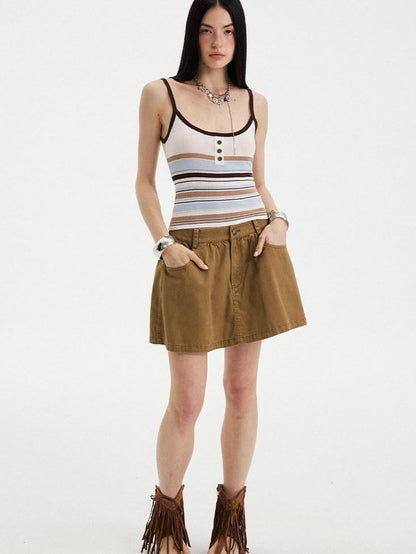 DIDDI MODA Orange Brown Striped Knit U Neck Cropped Tape Trim Women&