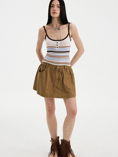 DIDDI MODA Orange Brown Striped Knit U Neck Cropped Tape Trim Women&