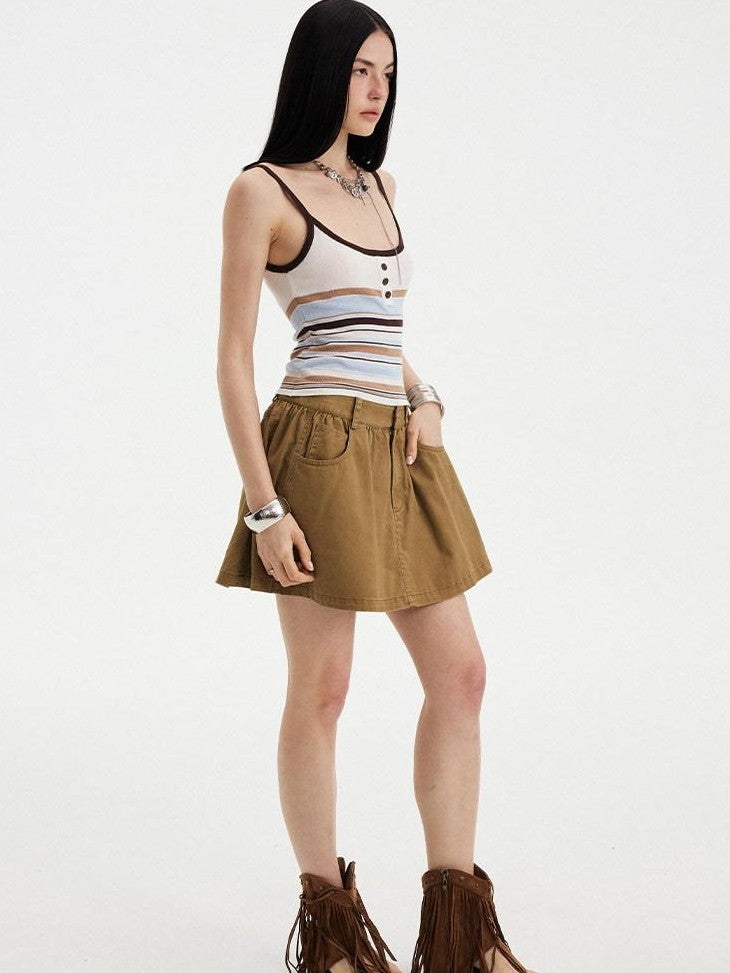 DIDDI MODA Orange Brown Striped Knit U Neck Cropped Tape Trim Women&