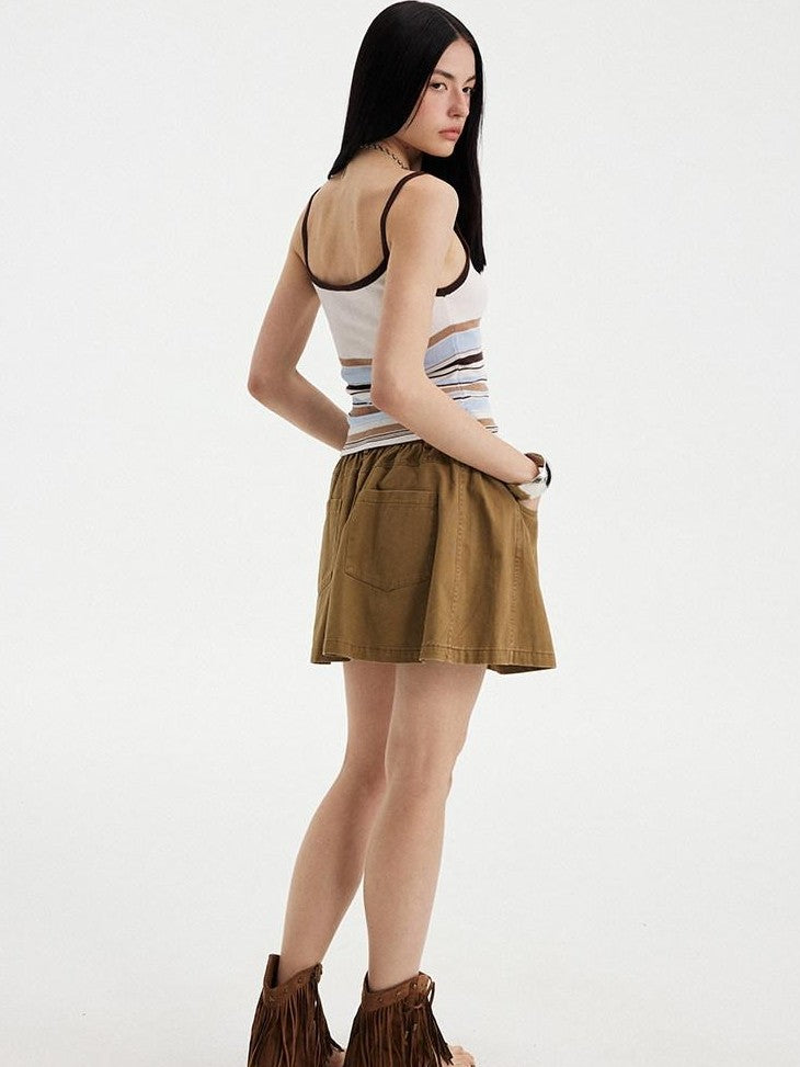 DIDDI MODA Orange Brown Striped Knit U Neck Cropped Tape Trim Women&