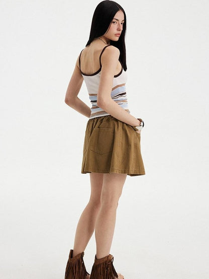 DIDDI MODA Orange Brown Striped Knit U Neck Cropped Tape Trim Women&