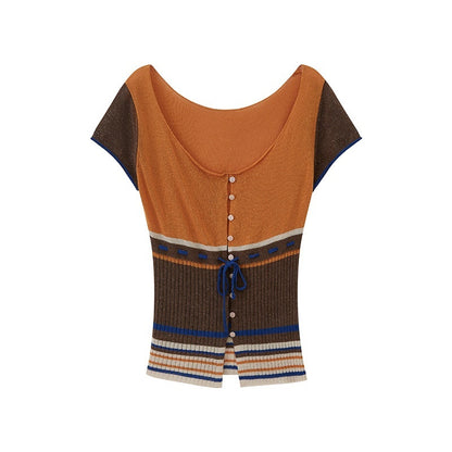 DIDDI_MODA_Orange_Coffee_Colorblock_Striped_Knit_U_Neck_Women&