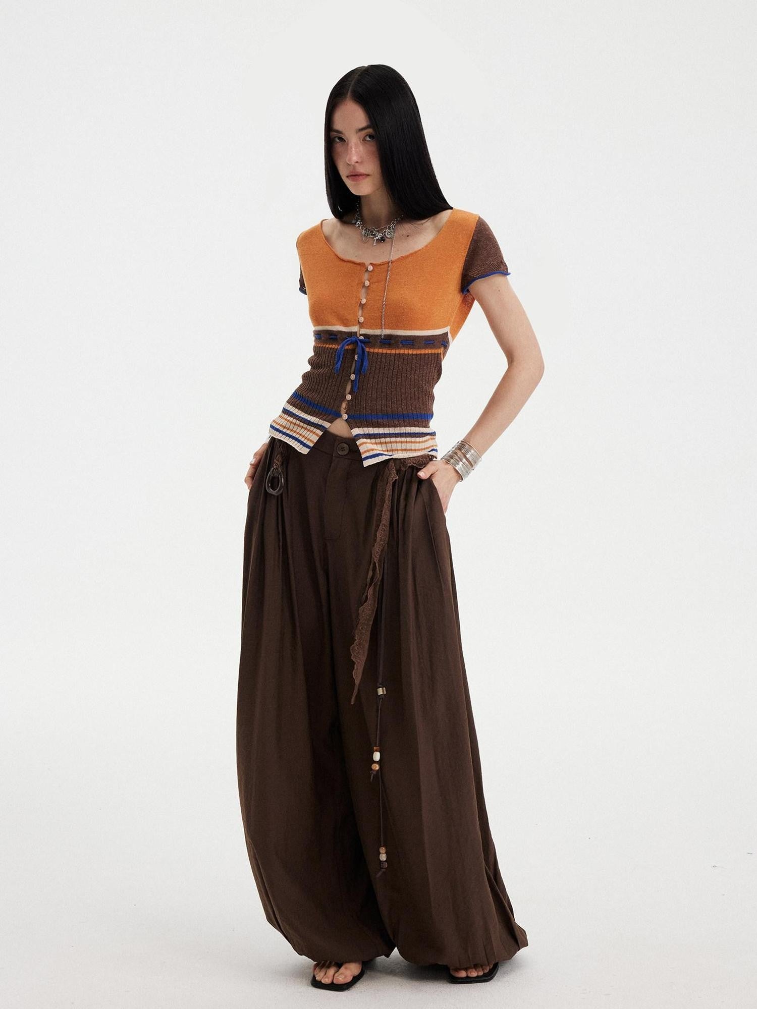 DIDDI MODA Orange Coffee Colorblock Striped Knit U Neck Women&