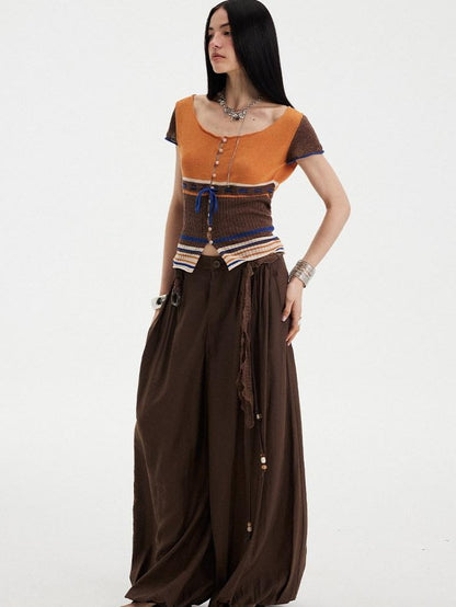 DIDDI MODA Orange Coffee Colorblock Striped Knit U Neck Women&