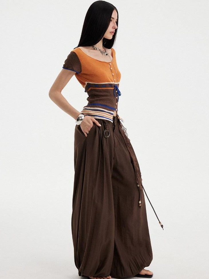DIDDI MODA Orange Coffee Colorblock Striped Knit U Neck Women&