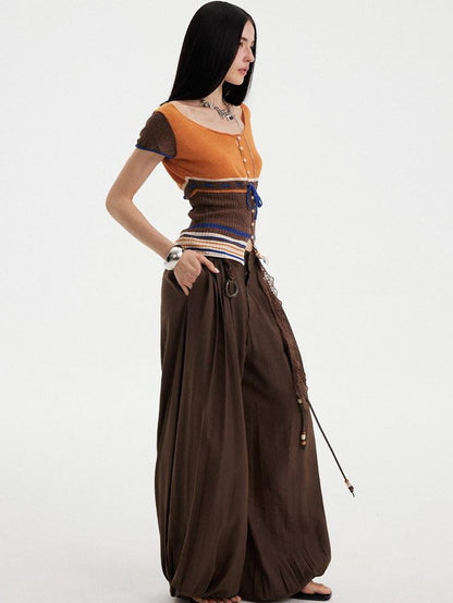DIDDI MODA Orange Coffee Colorblock Striped Knit U Neck Women&