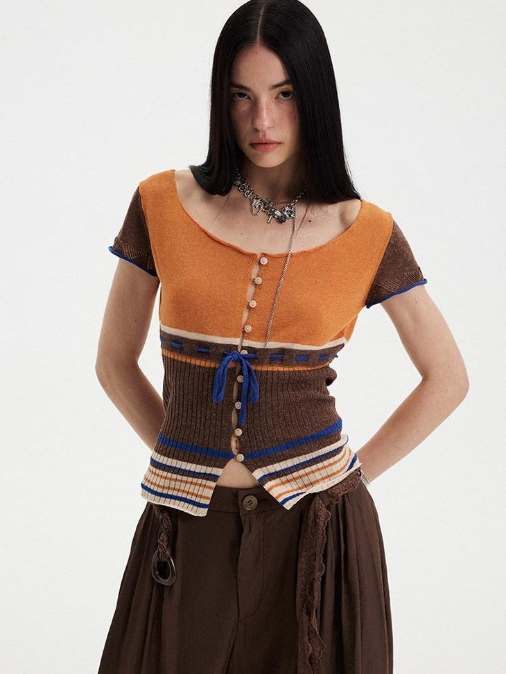 DIDDI MODA Orange Coffee Colorblock Striped Knit U Neck Women&