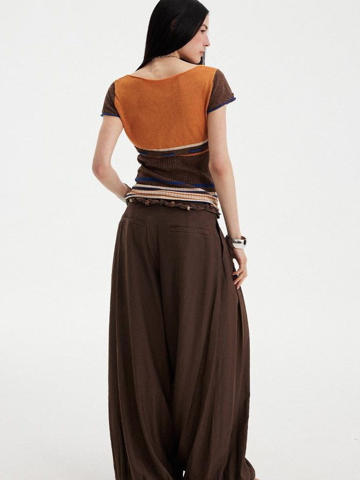 DIDDI MODA Orange Coffee Colorblock Striped Knit U Neck Women&