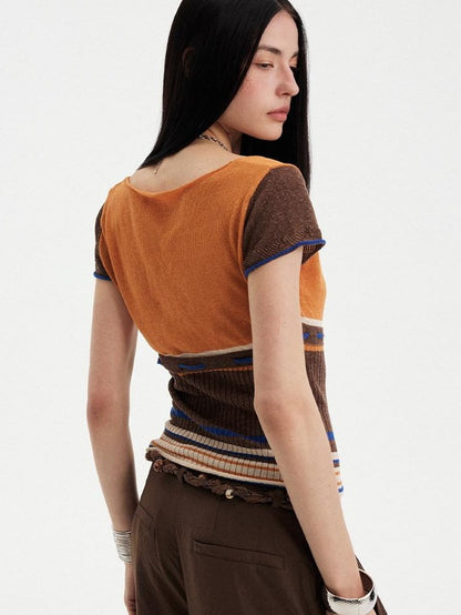 DIDDI MODA Orange Coffee Colorblock Striped Knit U Neck Women&