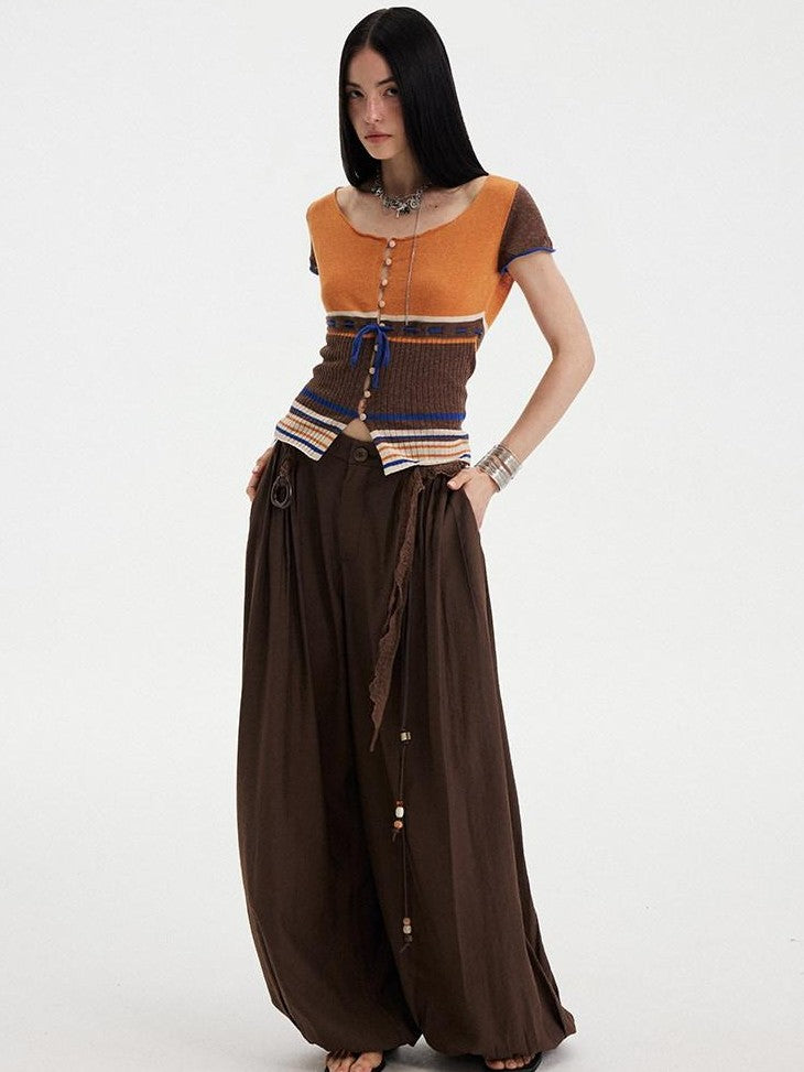 DIDDI MODA Orange Coffee Colorblock Striped Knit U Neck Women&