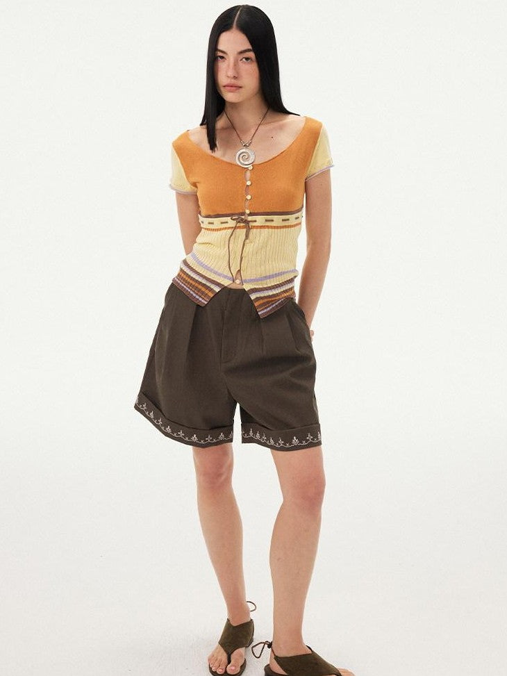 DIDDI MODA Orange Coffee Colorblock Striped Knit U Neck Women&