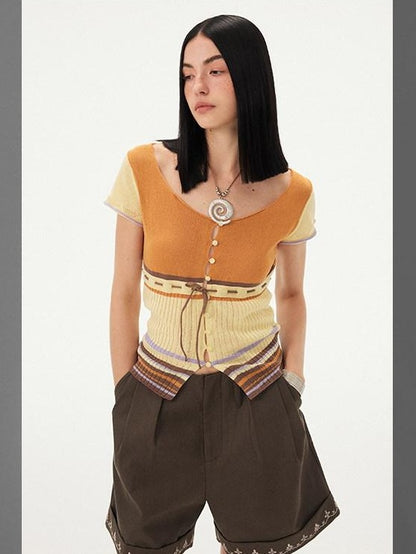 DIDDI MODA Orange Coffee Colorblock Striped Knit U Neck Women&