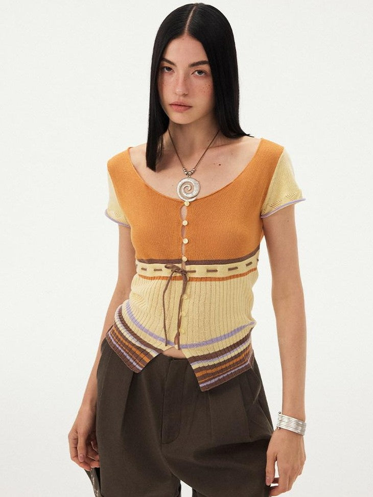 DIDDI MODA Orange Coffee Colorblock Striped Knit U Neck Women&