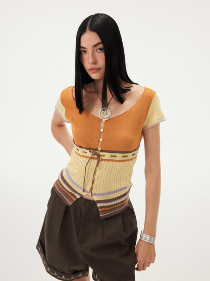 DIDDI MODA Orange Coffee Colorblock Striped Knit U Neck Women&