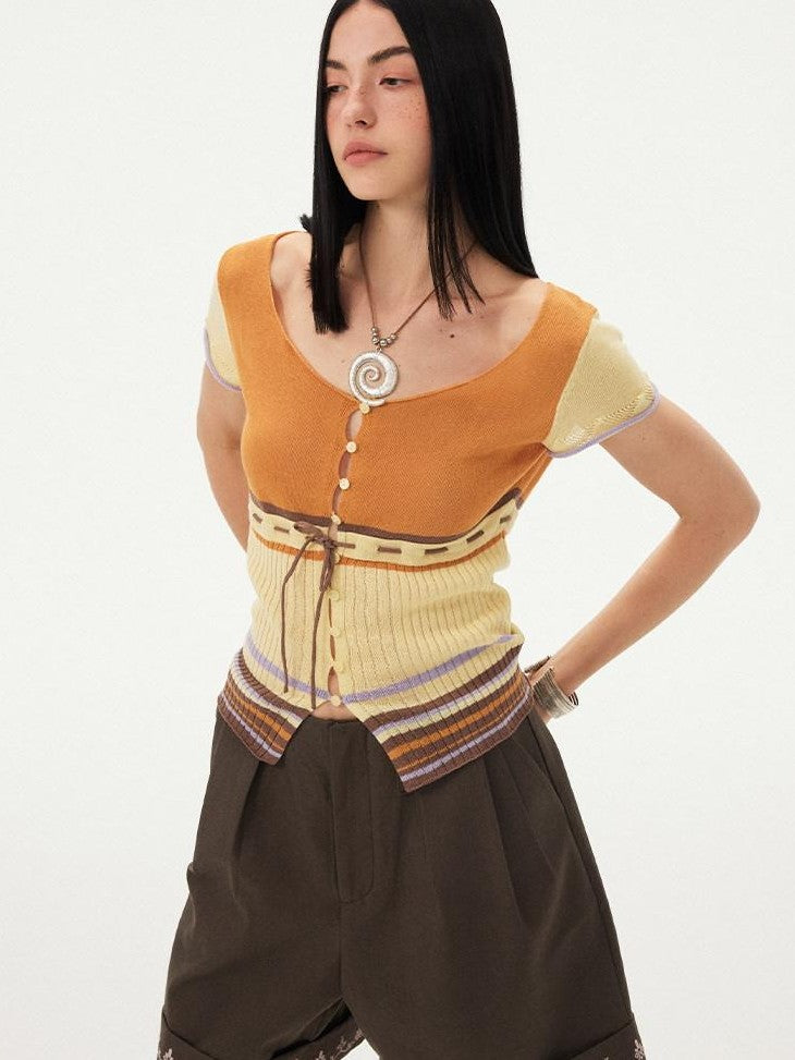 DIDDI MODA Orange Coffee Colorblock Striped Knit U Neck Women&